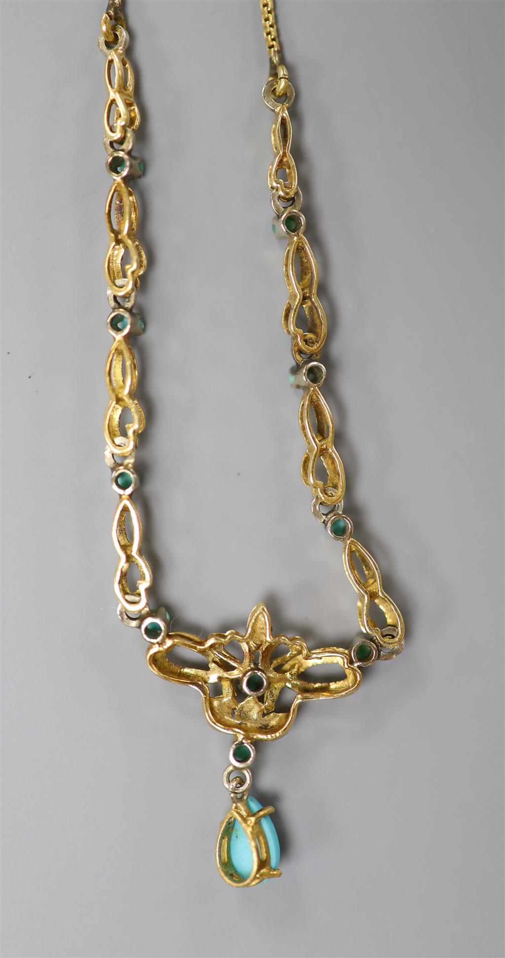 A yellow metal and turquoise set drop pendant necklace, 44cm, gross 9.6 grams and a pair of earrings
